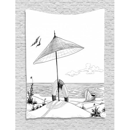 Beach Tapestry Doodle Style Sketch Pattern Monochrome