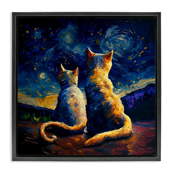 Stupell Industries Swirled Night Sky Cats Animals Painting Black Floater Framed Canvas Art Print Wall Art, 18 x 18