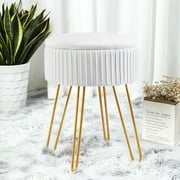 Velvet Footrest Stool Ottoman Pleated Round Modern Upholstered Vanity Footstool Side Table Seat Dressing Chair with 4 Golden Metal Legs (Beige with Storage)