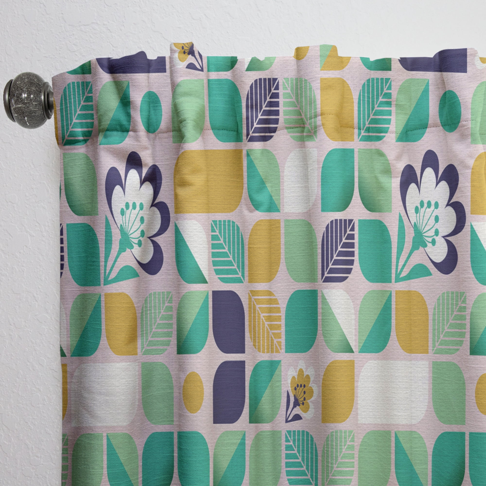 Designart 'Leaves and Flowers With Geometric Pattern' Mid-Century Modern Curtain Panel