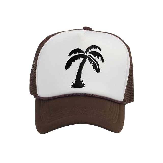 Men's Palm Tree Cap Snapback Trucker Hat, White/Brown