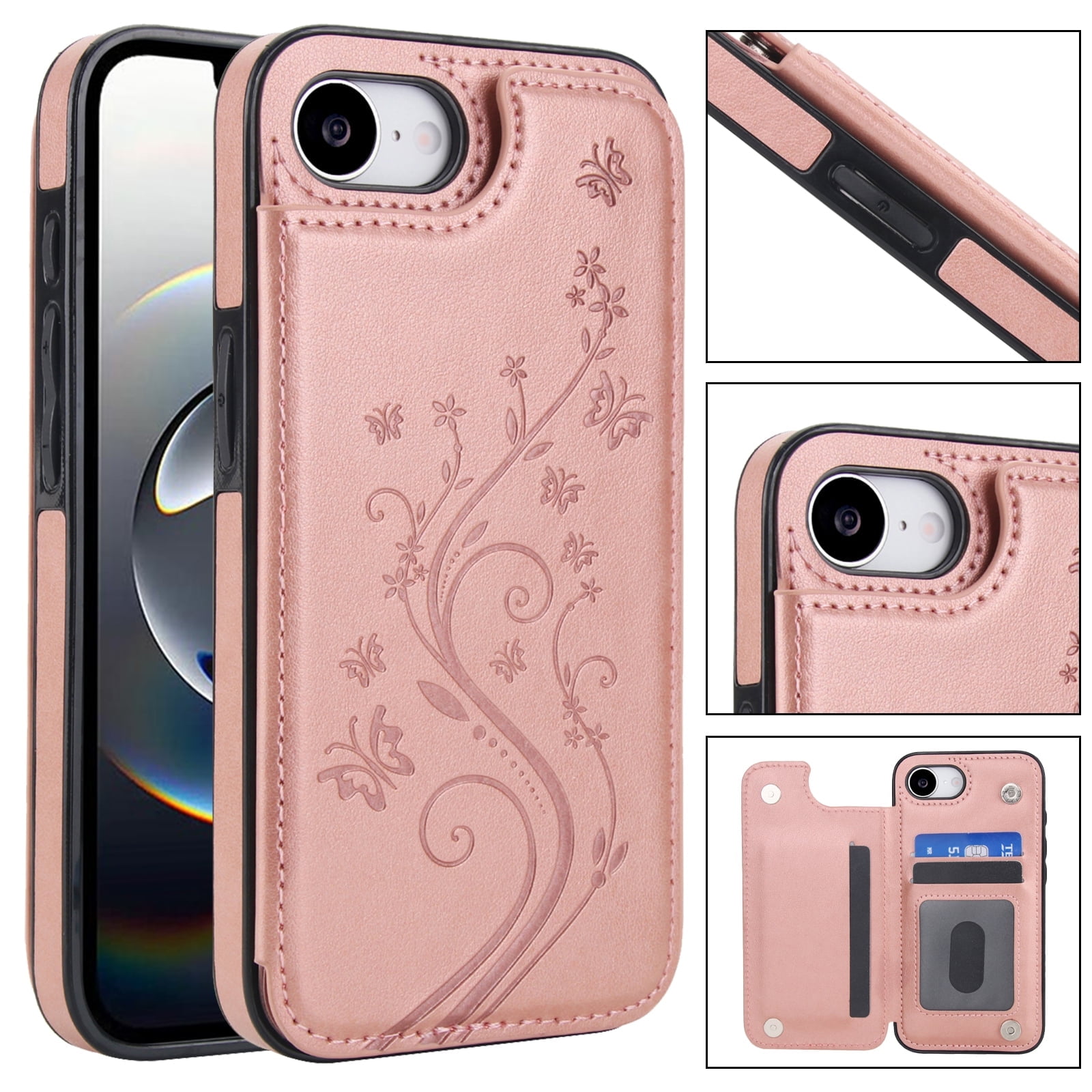 Wallet Case for Apple iPhone 17e 16e 6.1", Butterfly Flower Embossed Slim Fit Shell Stand Shockproof Cards Holder Protective Phone Case Cover for Women Girls, Rosegold