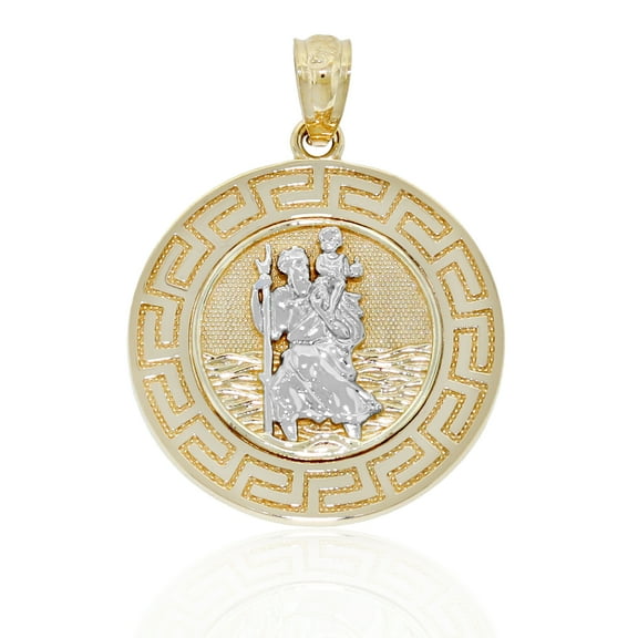 Charm America - Gold Saint Christopher Charm - Greek Key Pattern - 14 Karat Solid Gold