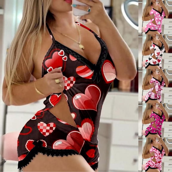 Valentines Pjs Women Couple Date Ladies Sleeveless Deep V Vest And Shorts 2 Piece Loungewear Heart Festive Gifts Love Print Valentines Date Night Outfits