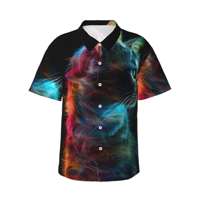 Fotbe Neon Spectrum Cat Portrait Camisa Hawaiana para Hombre Unisex – Camisa Casual de Verano con Botones de Manga Corta de Algodón y Lino,Large
