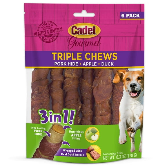 Cadet Gourmet Triple Chews TMA2 Long-Lasting Pork Hide Sticks with Apple and Duck, Healthy Dog Treats for Small & Large Dogs, 6 Count