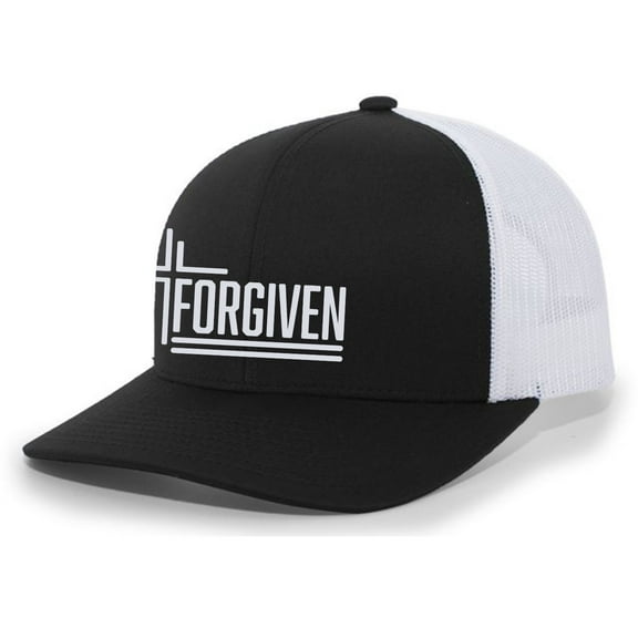 Forgiven Cross Christian Mens Hat Embroidered Mesh Back Trucker Baseball Cap, Black/White