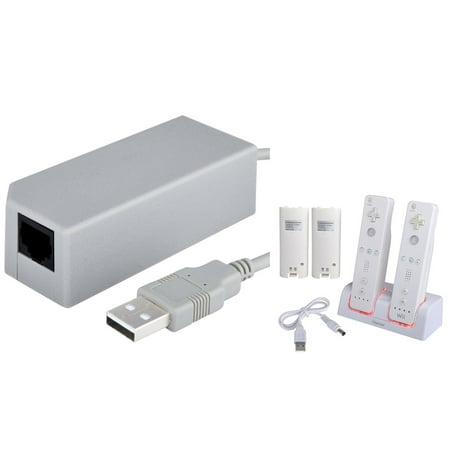 Insten Dual Remote Charger Station with 2-pack Rechargeable Battery + USB Ethernet LAN Adapter For Nintendo Wii / Wii U