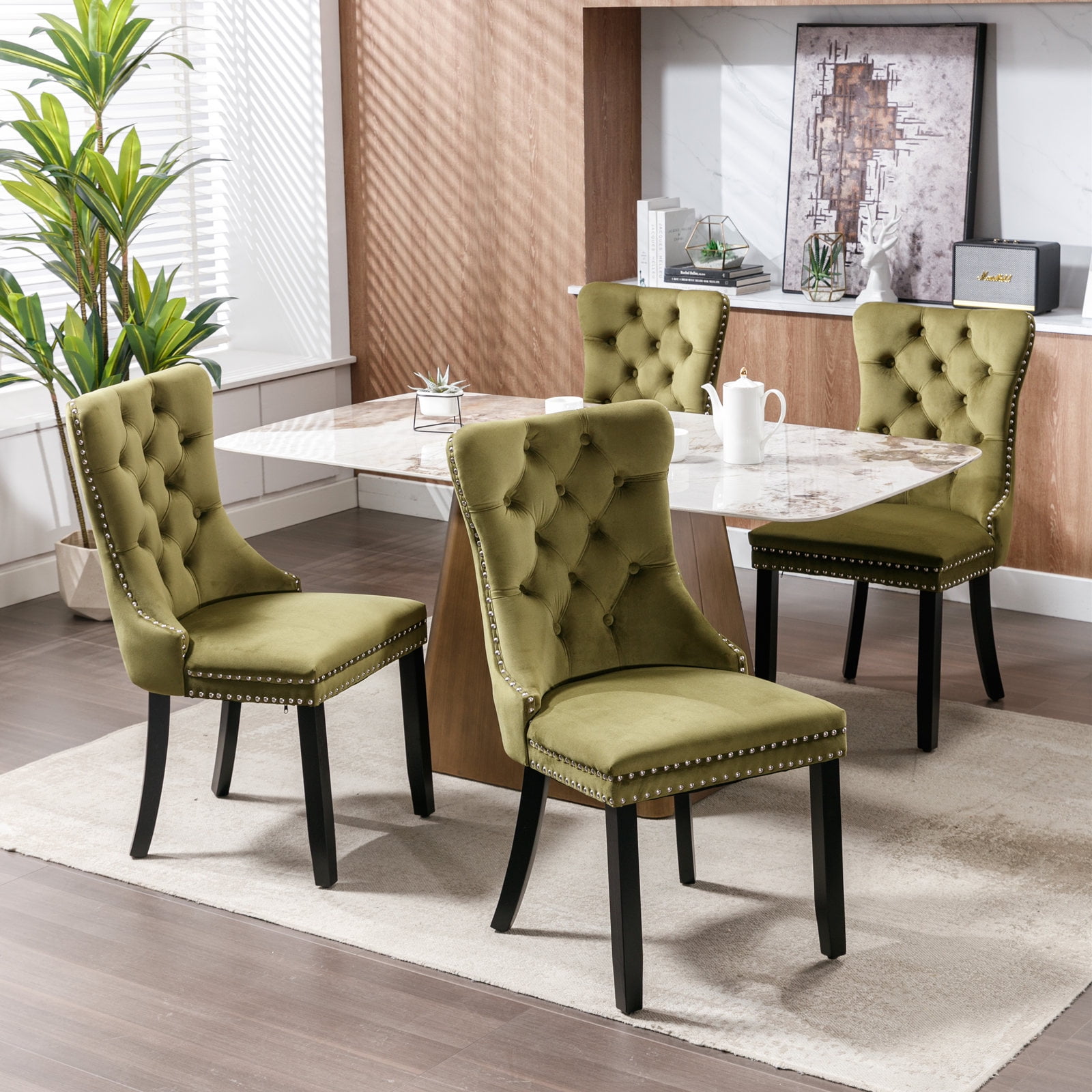Miniyam Velvet Dining Chairs Set of 2, Tufted High Back Kitchen Chairs with Nailhead Trim, Green
