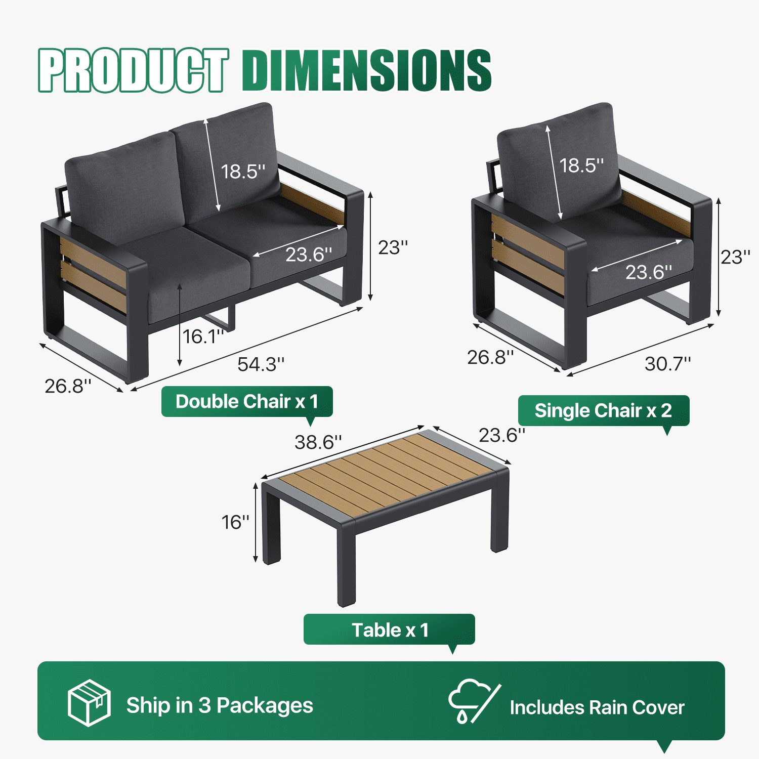 Clouddwell 4-Seats Aluminum Patio Furniture Set, Outdoor Metal Sofa Conversation Set with Coffee Table for Pool Garden Porch Backyard, Dark Gray