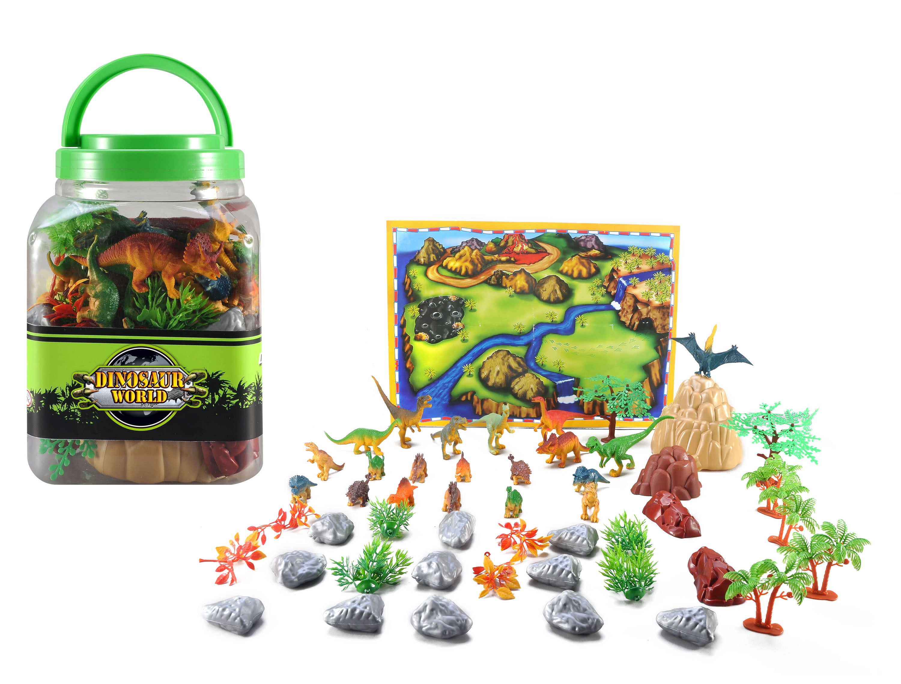 JoyAbit 50 Piece Dinosaur Amazing Play Set With Playmat with mountains, rivers, rocks and trees
