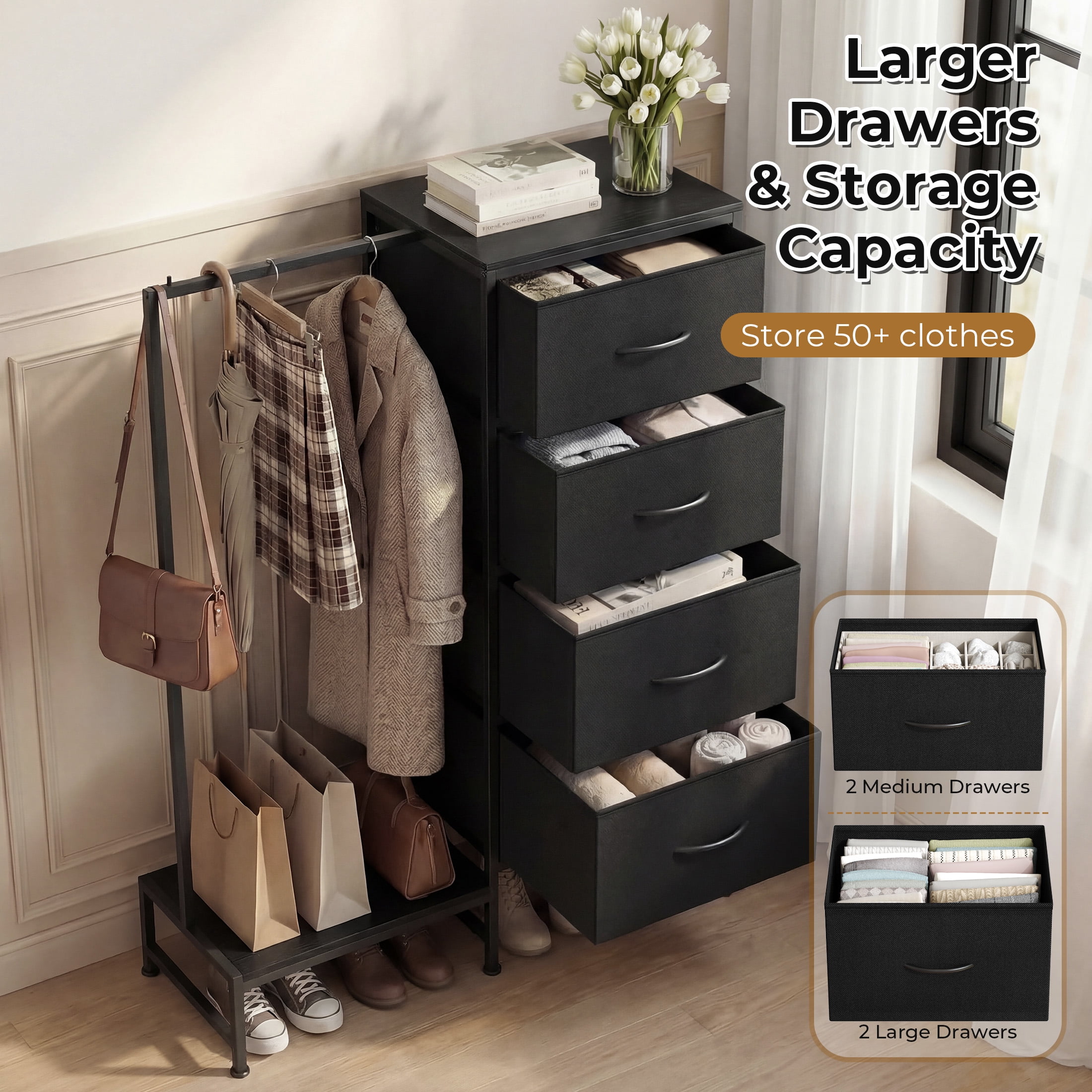 EDX 44"H Dresser with Hanging Rack, 4 Drawers Small Closet for Bedroom, Can be assembled by flipping left and righte Clothes Rack, Sturdy Frame, Black