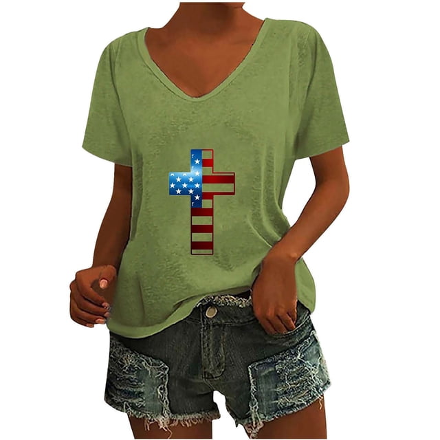 Camisetas Casuales de las Mujeres Gradiente Día de la Independencia Impreso Cuello Redondo, Blusa de Manga Corta para Diario, Fiesta Y Primavera Verano