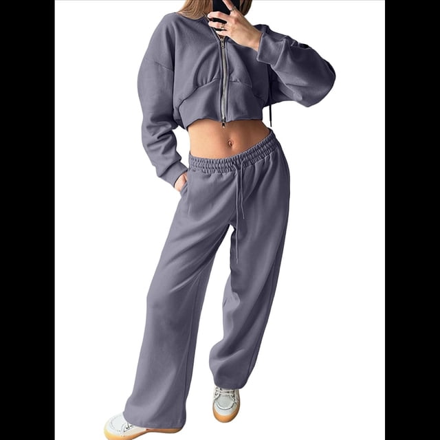 Conjunto Deportivo para Mujer: Sudadera con Capucha y Cremallera de Larga con Pantalones de Color Liso con Cordones - Conjunto de Dos Piezas Gris Oscuro S