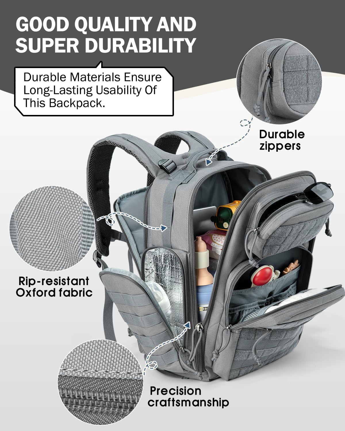 MIRACOL Diaper Bag Backpack for Men: 40L Heavy-Duty Tactical Style Dad Baby Bag with 16+ Pockets - MOLLE Webbing and Organized Storage for Travel & Weekend Adventures (Grey)