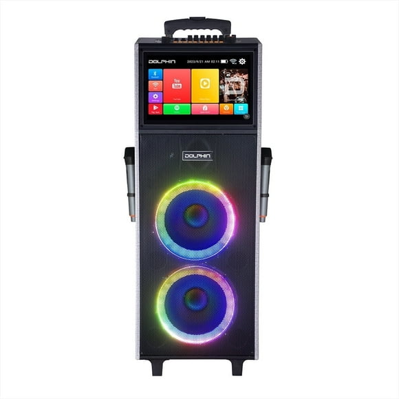 Dolphin Karaoke Machine with Smart Touchscreen Display, Rechargeable Speaker with Tablet - HDMI, Voice Modulation, Android & iOS Mirroring Includes 2 Wireless Microphones