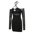 thumbnail image 3 of KOMOO Women Hollow Out Bodycon Mini Dress Long Sleeve Mesh Patchwork See Through Dress Clubwear, 3 of 7