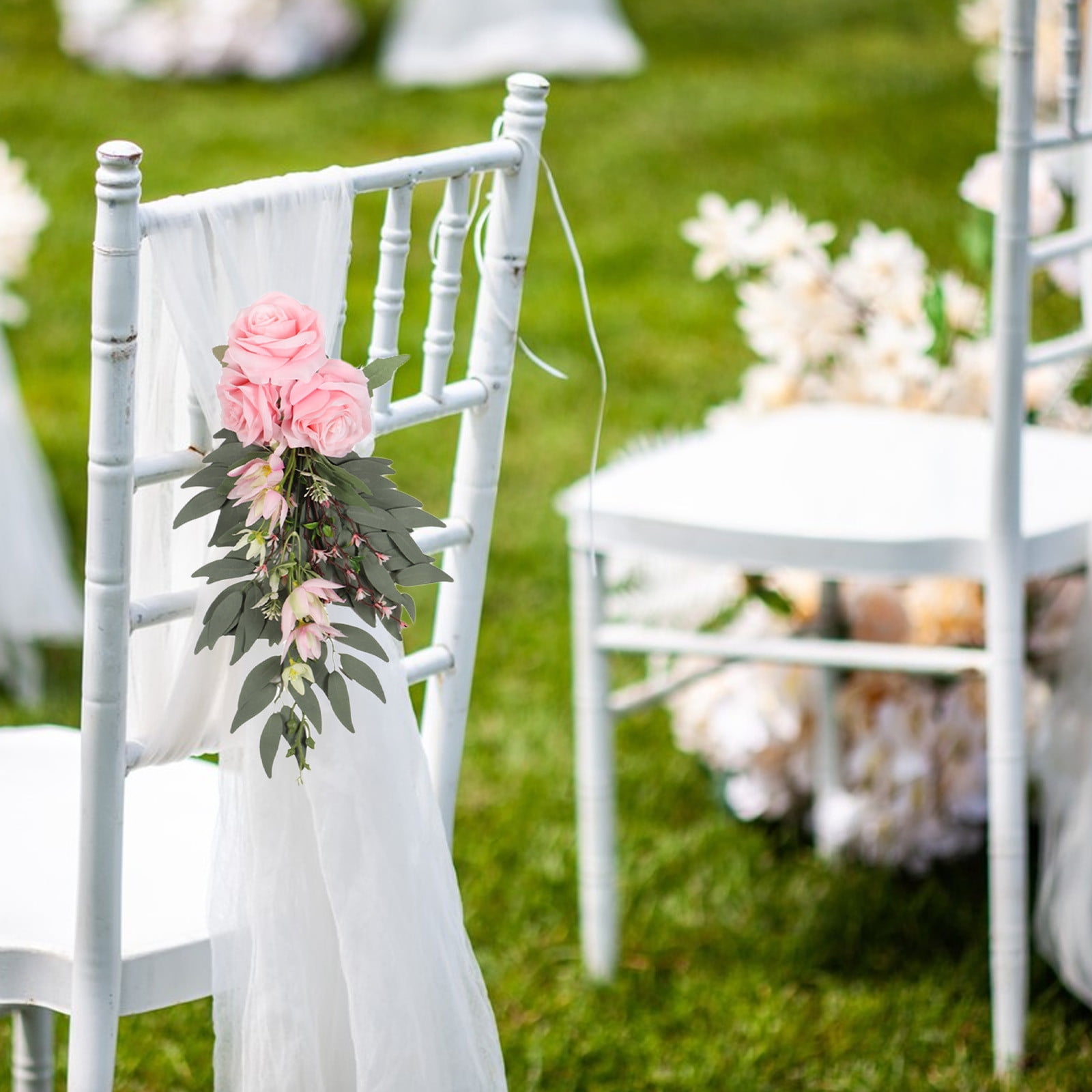 Specollect Clearance 4Pcs Wedding Aisle Decorations Pew Flowers for Wedding Ceremony Party Chair Decor with Artificial Flowers Eucalyptus and Ribbons