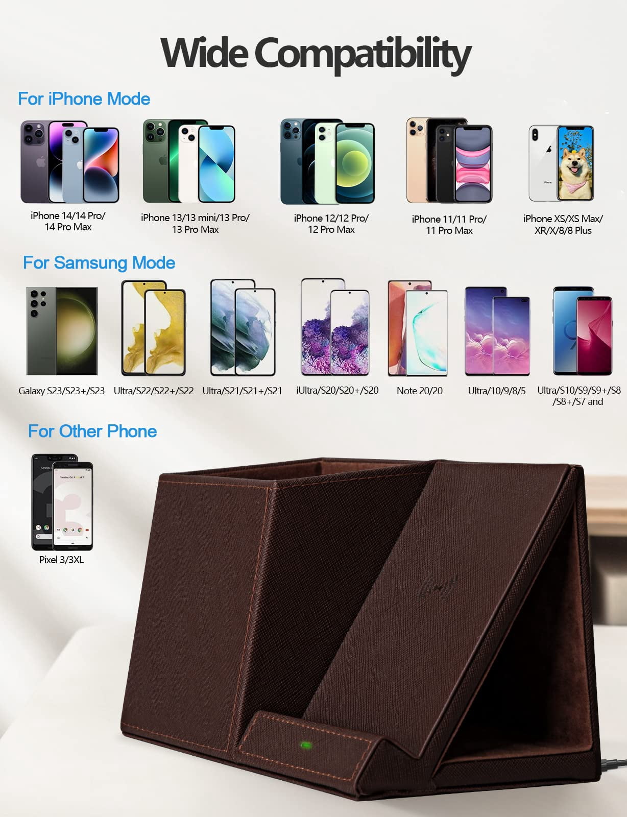 Extrelife Desk Organizer with Wireless Charging for iPhone, PU Leather with Pencil Holder for Desk & Nightstand, Brown