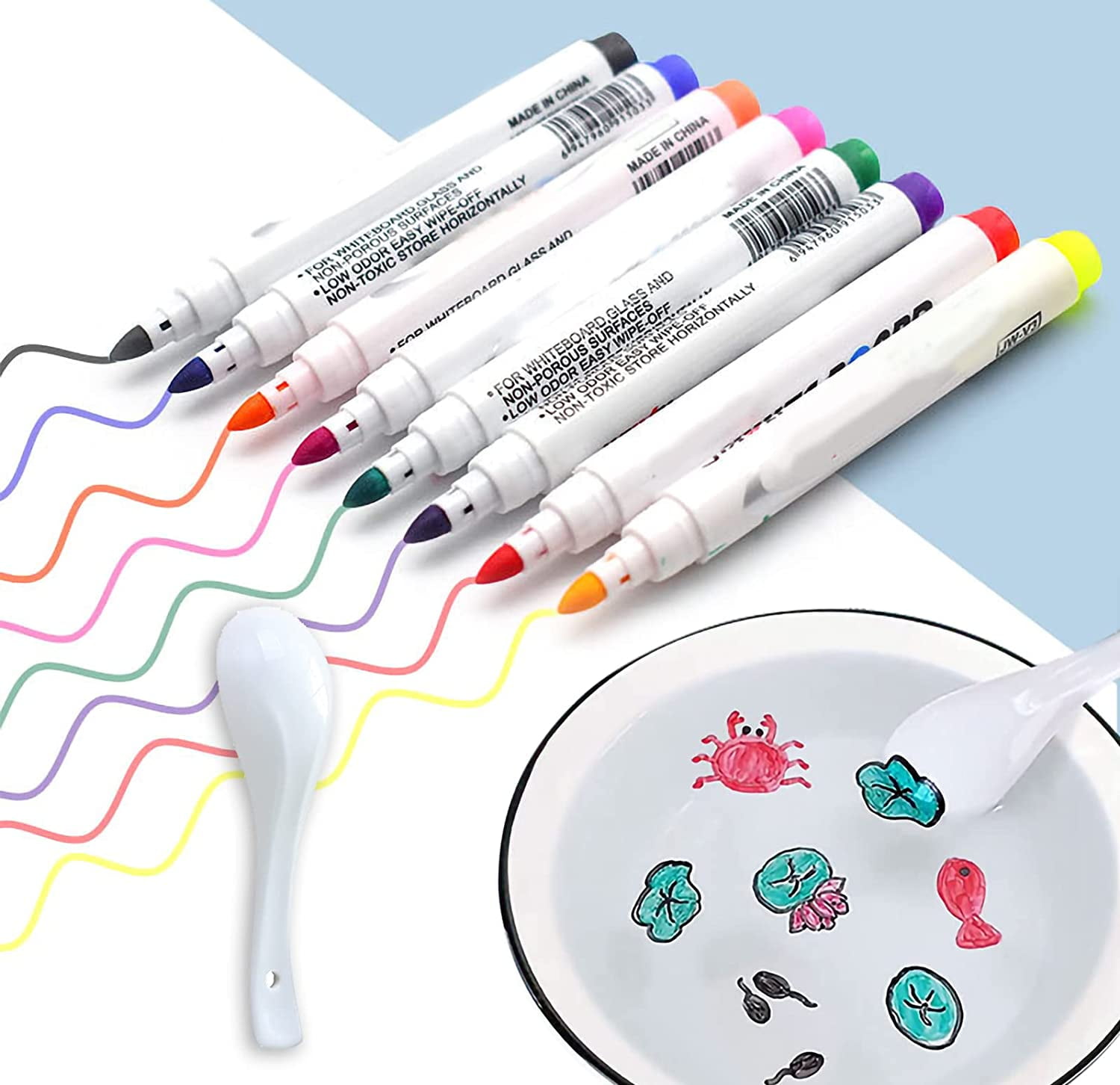 Dewrhouse 8 PCS Magic Water Brushes, 2 Ceramic Spoon,Magic Floating Ink Pens, Erase Whiteboard Markers, Watercolour Pens That Float in Water, Magic Watercolour Pens Set for Kids