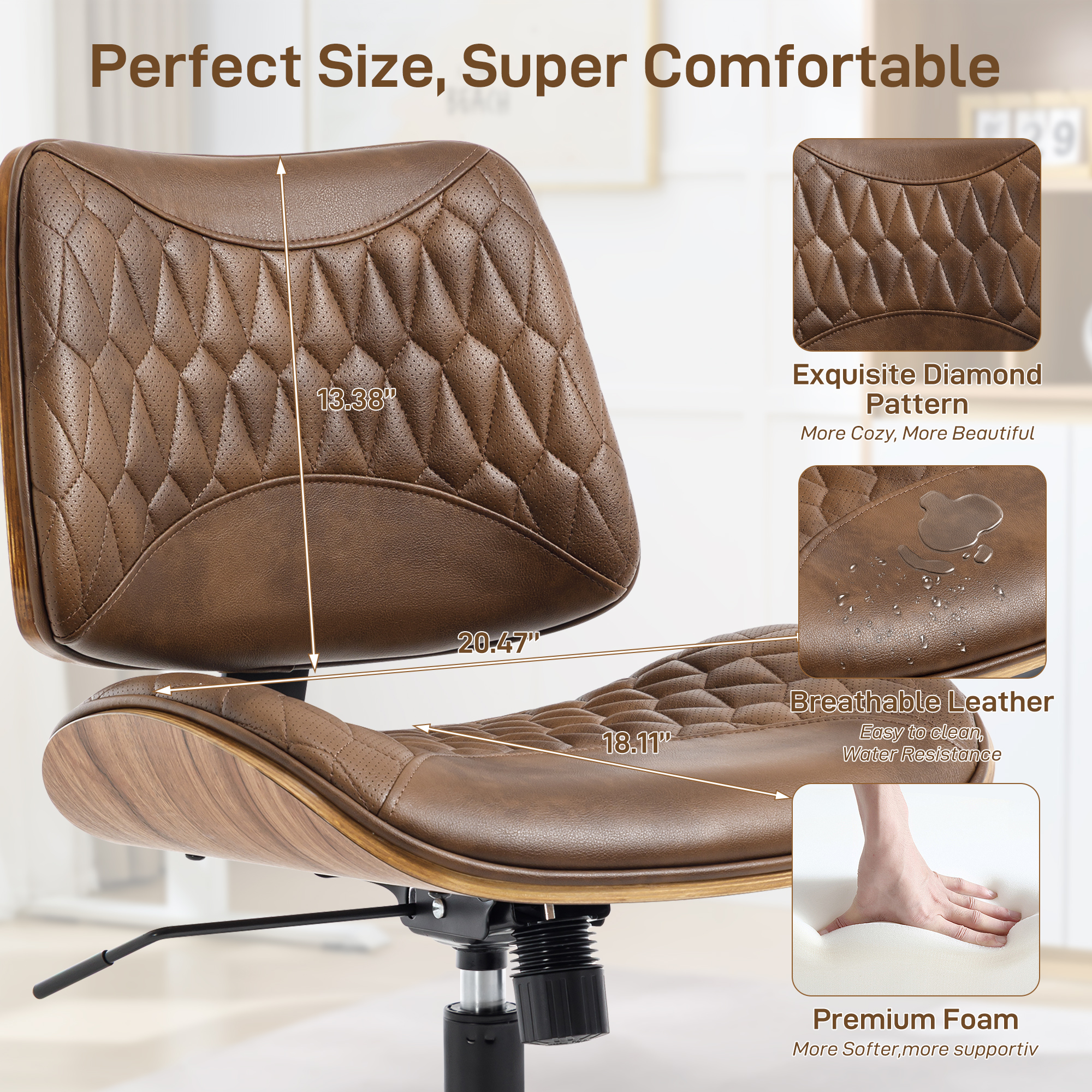 Home Office Desk Chair with Wheels, Armless Breathable PU Leather Office Chair, Swivel Ergonomic Computer Chair for Compact Space, Height-Adjustable Modern Walnut Chair with Rocking Function