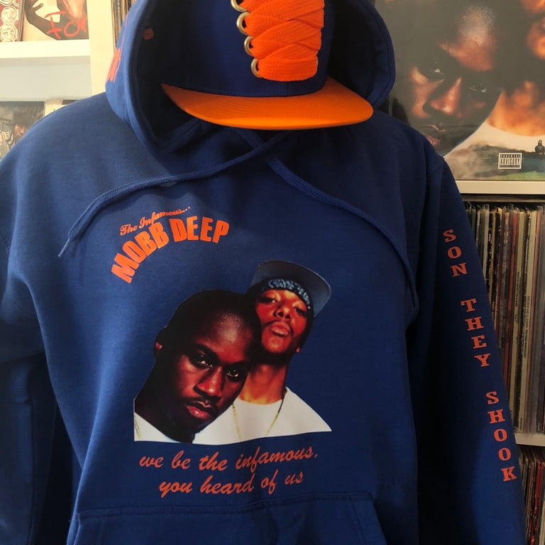 Mobb Deep hoodie. Blue “The Infamous” hoodie with orange logo and
