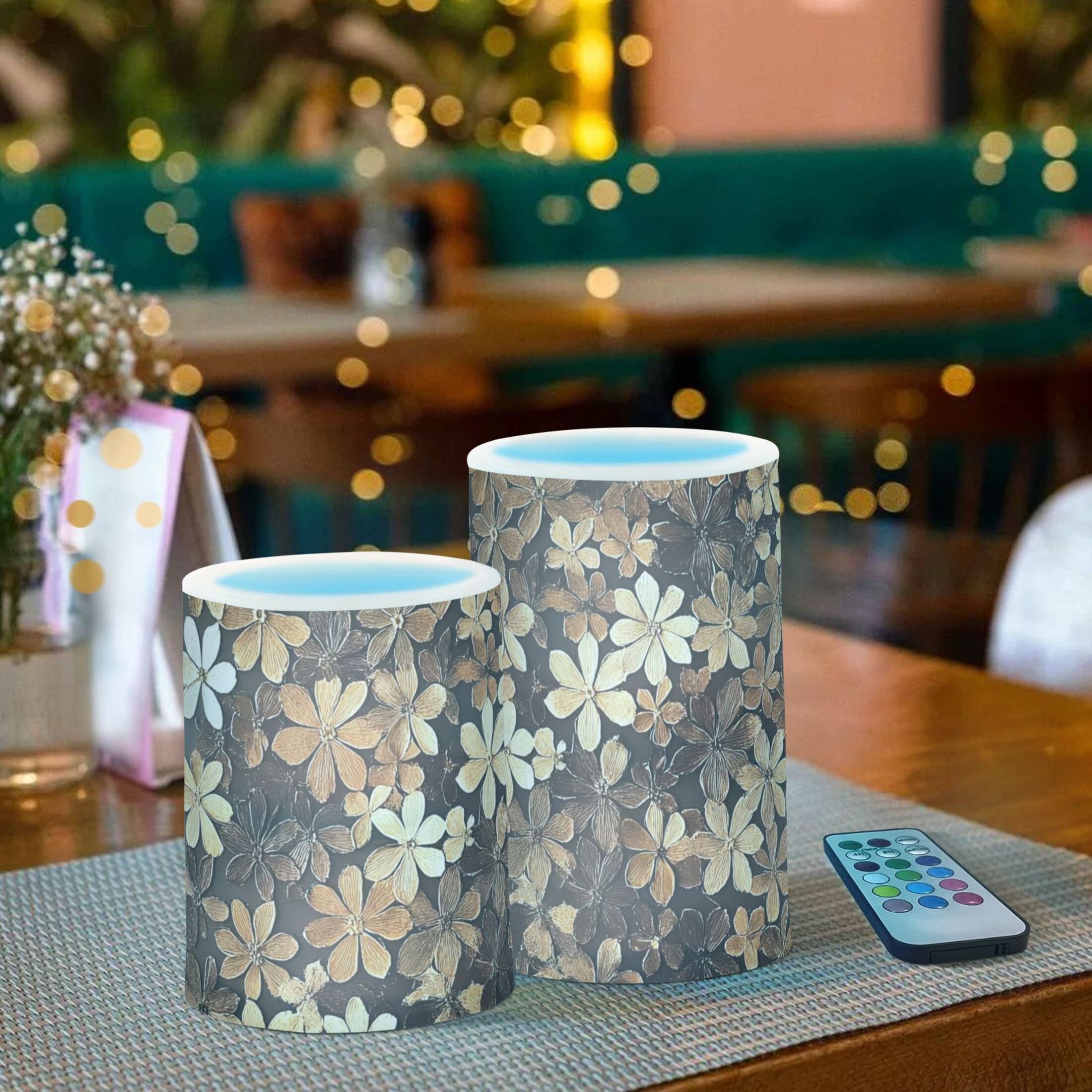 Brown Beauty Flowers Flickering Flameless Candles Battery Operated with Remote Timer LED Pillar Candles Set of 2