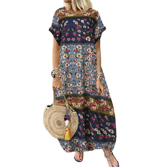 Gvmfive Women Summer Vintage Short Sleeve Floral Long Dress