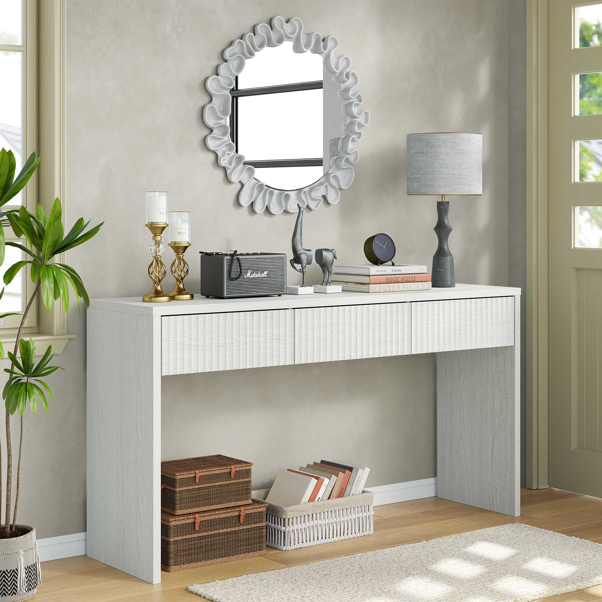 Furnihold 55"W Fluted Console Table with 3 Drawers, Narrow Long Entryway Table for Hallway, Living Room, White