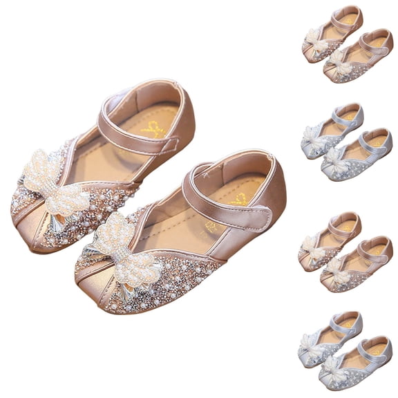 Drindf Girls Sparkle Princess Dress Shoes with Pearl Toddler Kids Wedding Party Flower Mary Jane Shoes Elegant Non Slip Ballet Flats