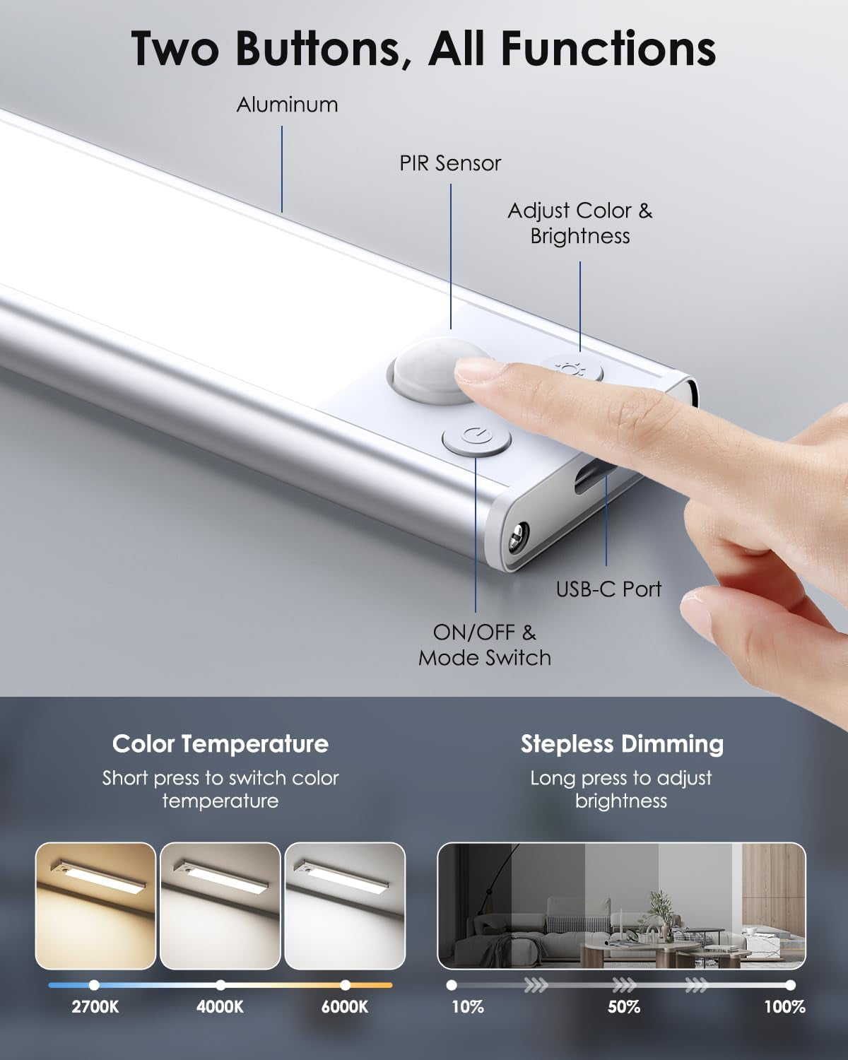 5-Pack Under Cabinet Lighting, 68LED 2000mAh Rechargeable Battery Operated Motion Sensor Light Indoor, 3 Color Wireless Dimmable Closet Lights, Magnetic Under-counter Fixtures for Kitchen, Home