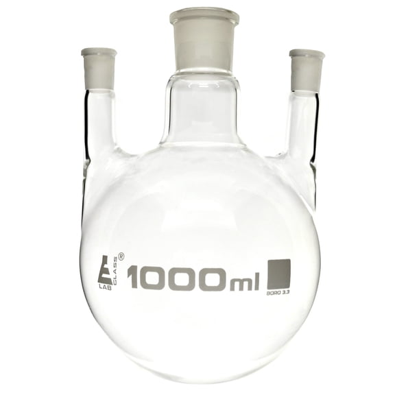 Distillation Flask with 3 Parallel Necks, 1000ml Capacity, 29/32 Center Socket, 19/26 Side Sockets, Interchangeable Ground Joints, Borosilicate Glass - Eisco Labs