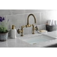 thumbnail image 2 of Kingston Brass KS2173RX Belknap Industrial Style Wheel Handle Bridge Bathroom Faucet with Pop-Up Drain, Antique Brass, 2 of 7