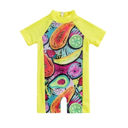

Canrulo Baby Boys Girls Casual Swimsuit One-Piece Swimsuit with UPF 50+Sun Protection Zipper Fruit Print Rash Guard Swimsuit Yellow 4-5 Years