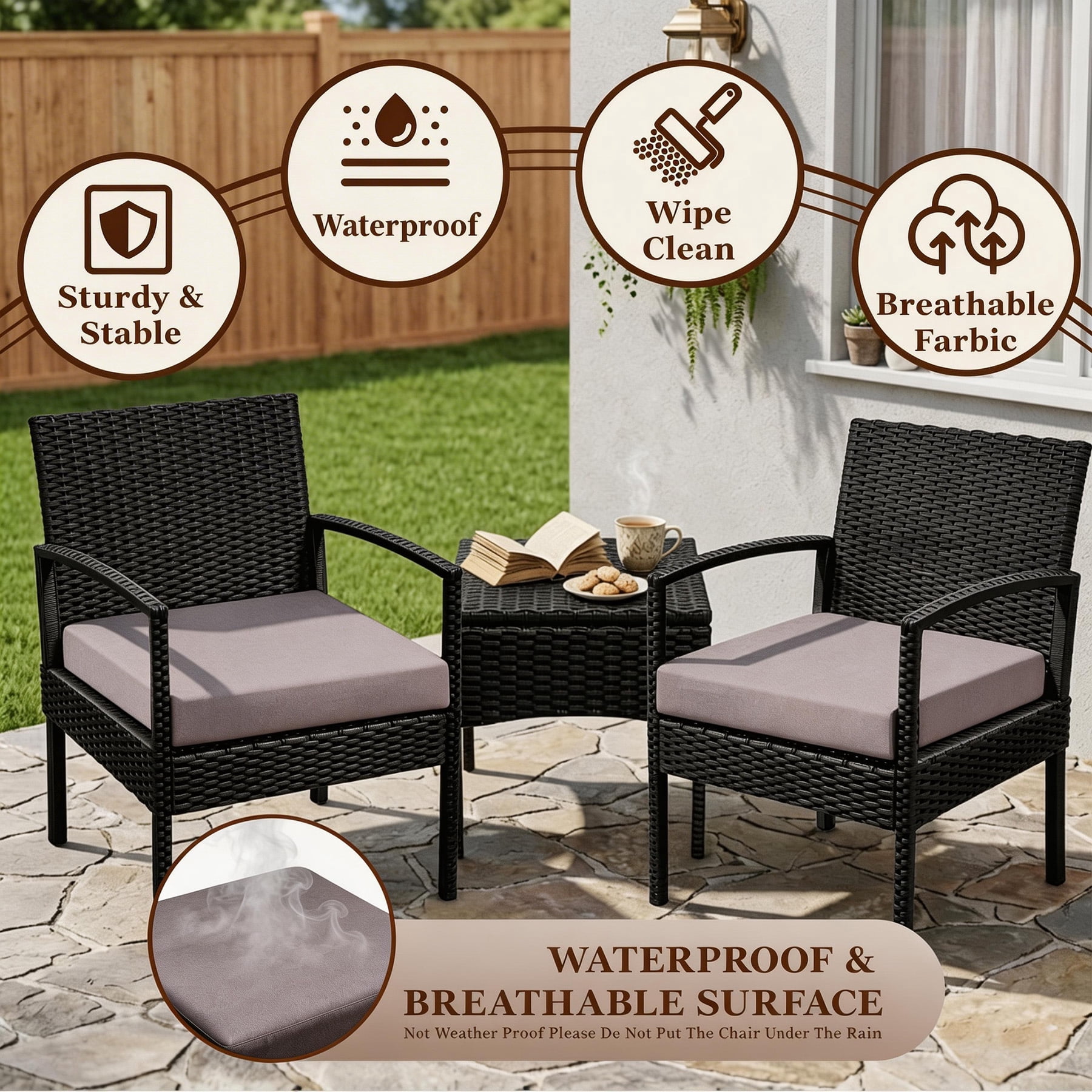 Tappio 3 Piece Outdoor Patio Furniture Set Outdoor Rattan Furniture, Patio Chairs Set of 3, Rattan Conversation Bistro Sets with Table and Cushions Brown