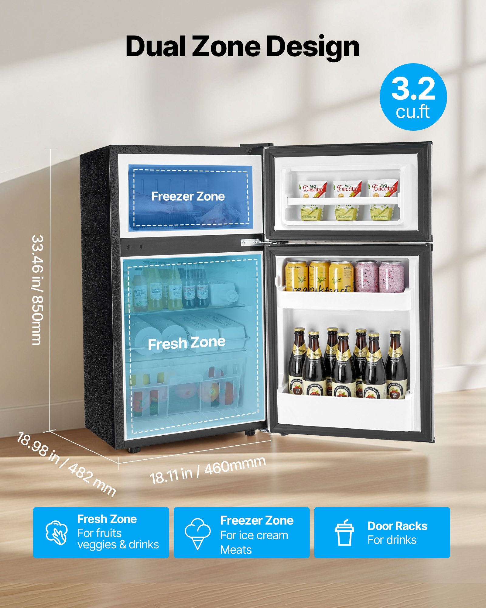 VEVOR Mini Fridge with Freezer, 3.2 Cu.Ft, Two Door Compact Refrigerator, Adjustable Temperature, Shelf, Energy Efficient Small Fridge, Reversible Door, Low Noise,for Bedroom,Dorm,Office,Stainless