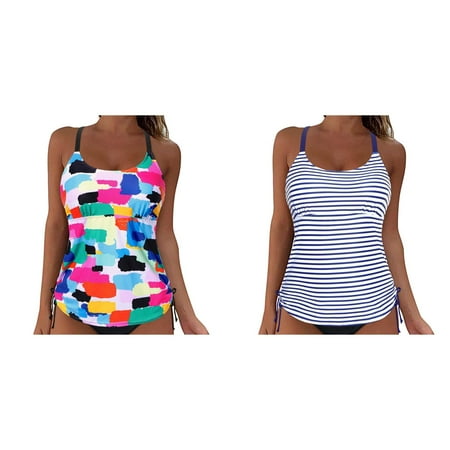 (2-Pack) Rinsvye Women Lace Up Swimwear Bathing Suit Small Bust Tops Underwire Full Coverage Jr Swimsuits for Teen Bikini Top Push Up Women Board Swim Shorts Swim Crop Top Tie Back Bathing Suit Tops