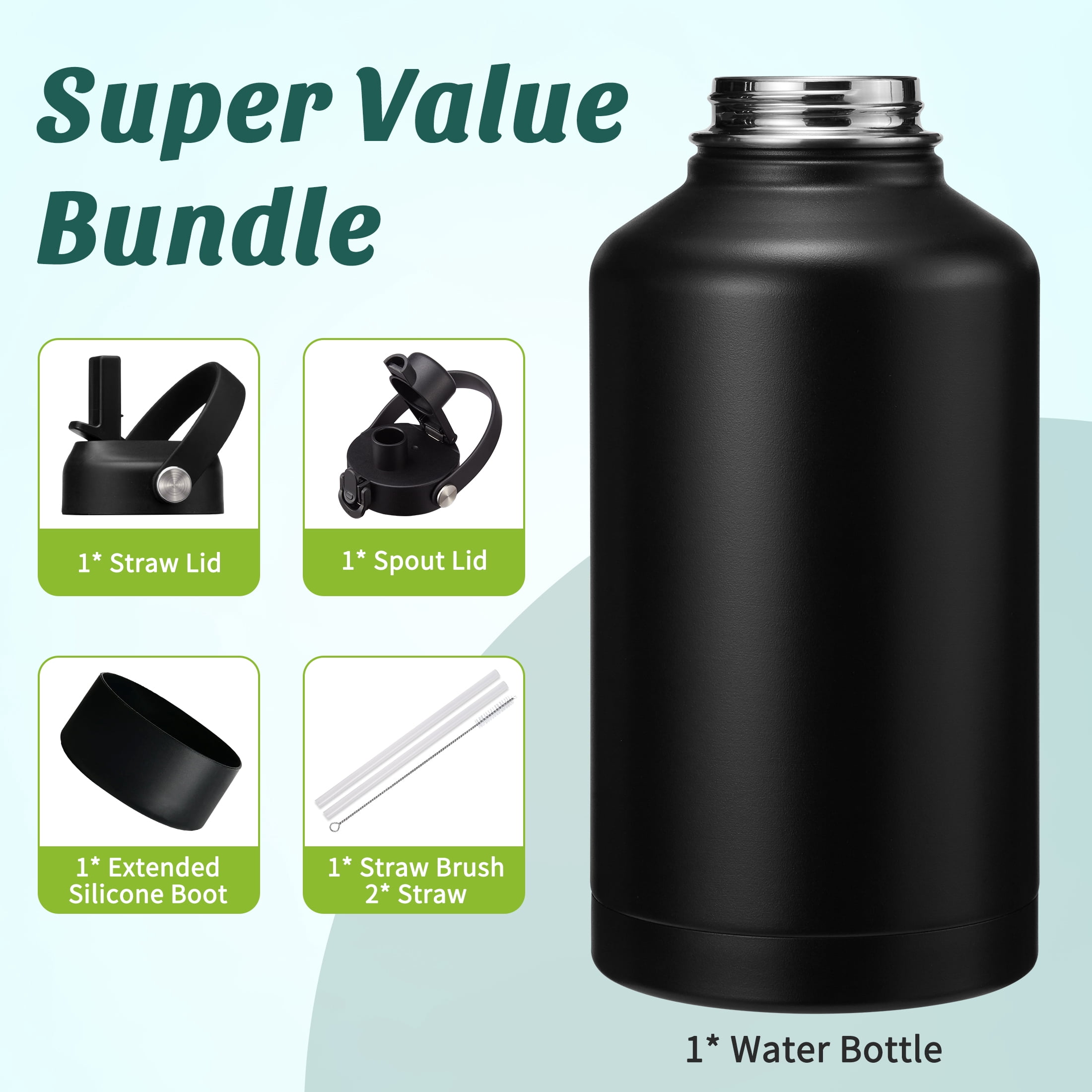 64OZ Insulated Water Bottle with Straw & Spout Lids, Half Gallon Water Jug Keeps Cold 48H & Hot 24H, Wide Mouth Leakproof Reusable Water Bottle, Black