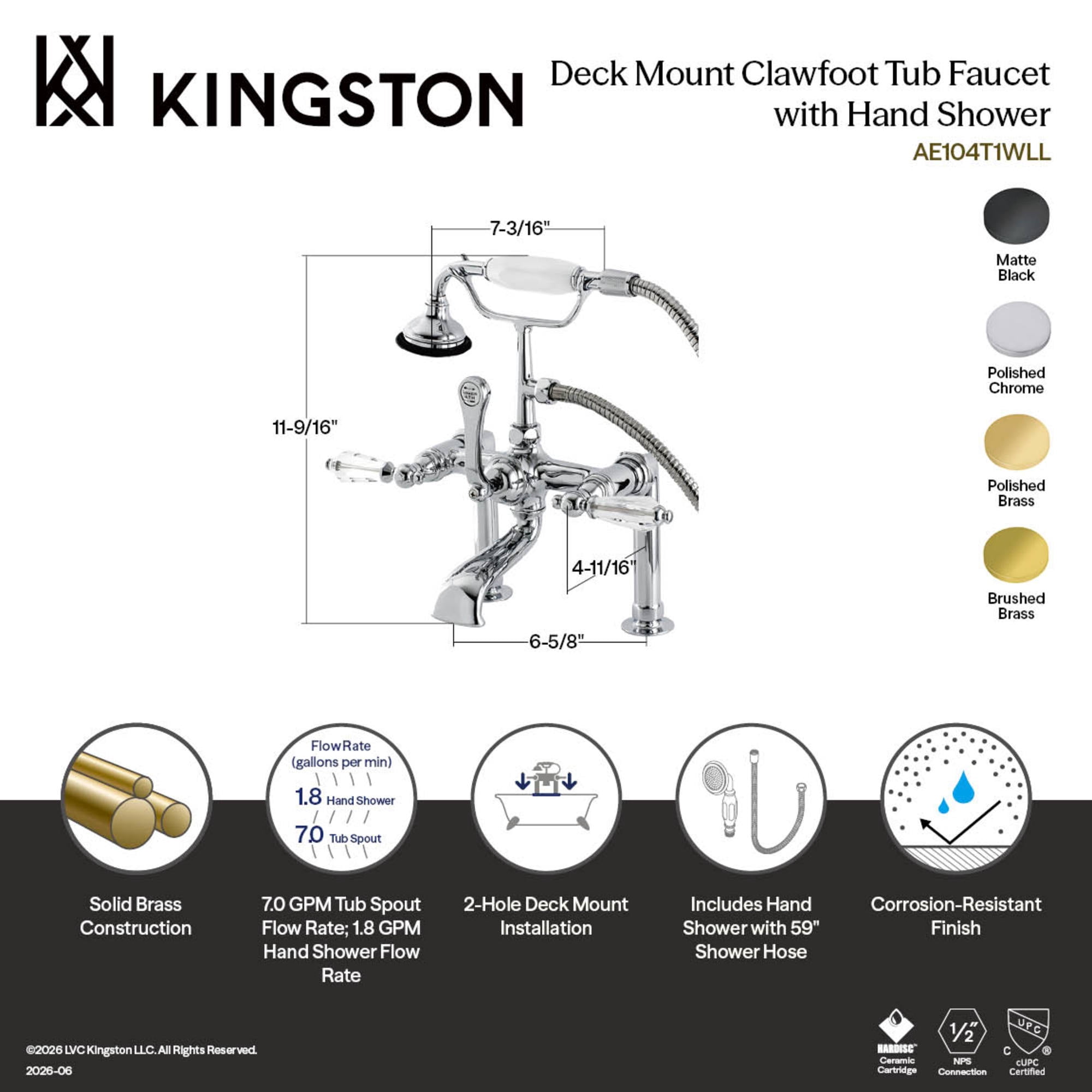 Kingston Brass AE103T2WLL Wilshire Three-Handle 2-Hole Deck-Mount Clawfoot Tub Faucet with Hand Shower in Polished Brass