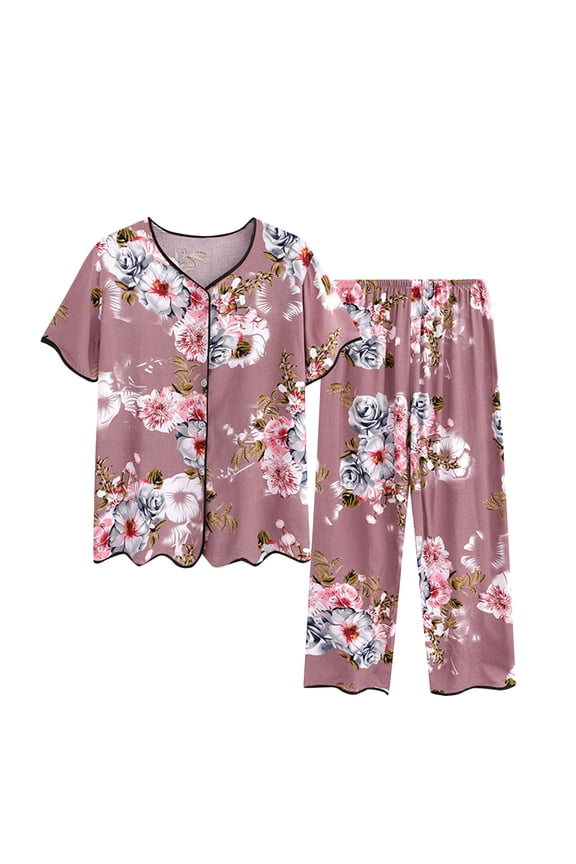 2024 Lounge Sets for Women Plus Size Casual Summer Floral Short Sleeved V Neck Button Front Top Shirt Capri Pajama Pants Set Comfortable Breathable 2 Piece Sets Pink 3XL