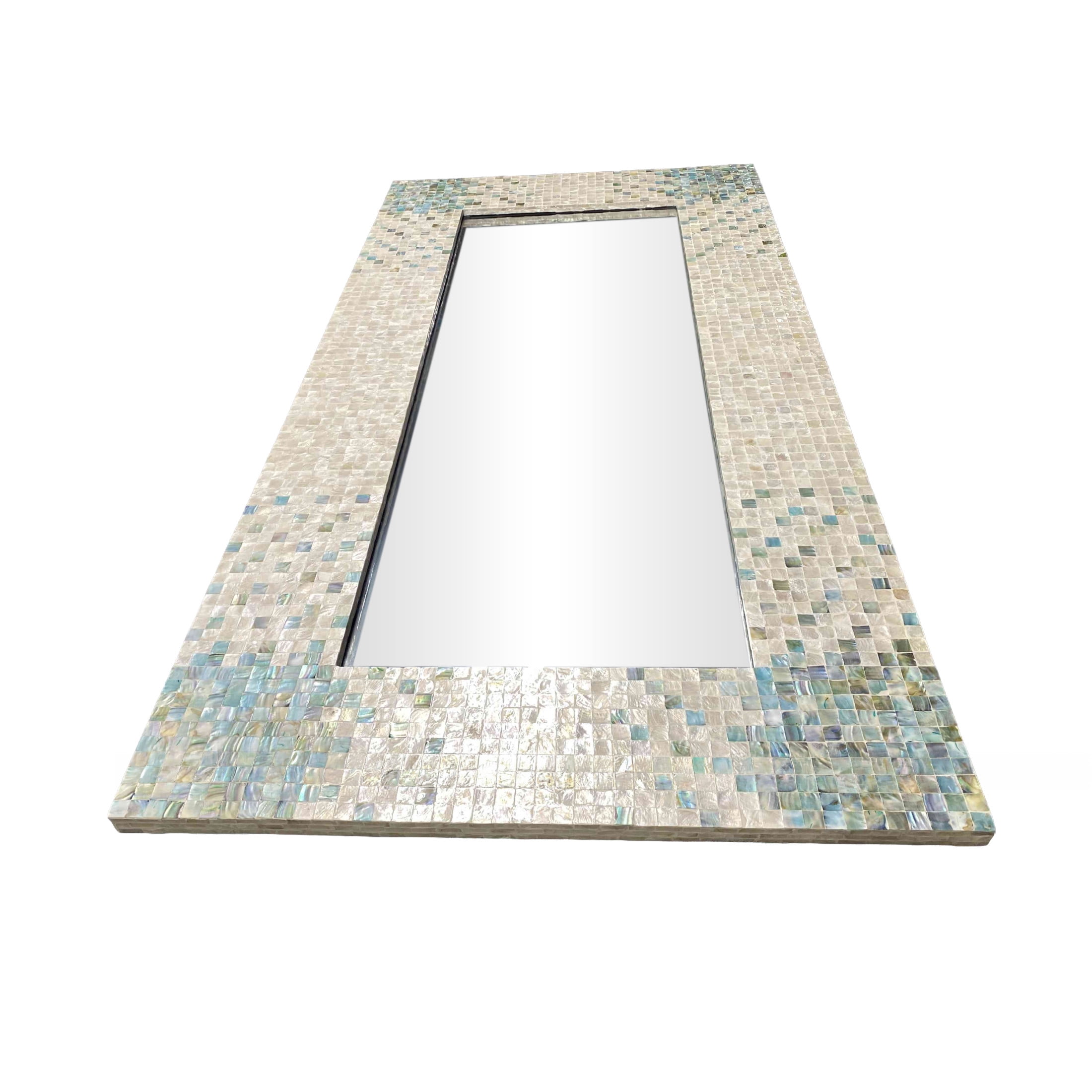 DecMode 36" x 70" Cream Handmade Mosaic Wall Mirror with Blue Corners
