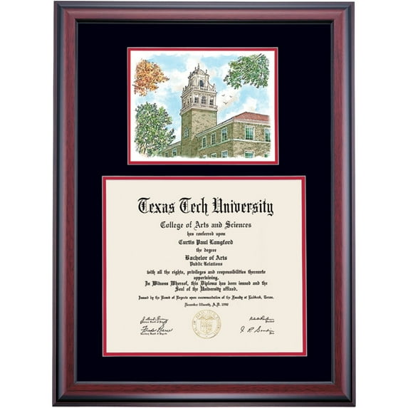 Dawn Diploma Frame for Texas Tech University TTU, Black/Cherry Mat with Bell Tower Watercolor, 27" x 20"