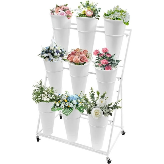 3 Tier Flower Display Stand with 9 Buckets Flower Cart Display Stand with Wheels, Moving Floral Flower Bucket Stand Indoor Outdoor Plant Flower Stand Holder Organizer for Patio Balcony Garden, White