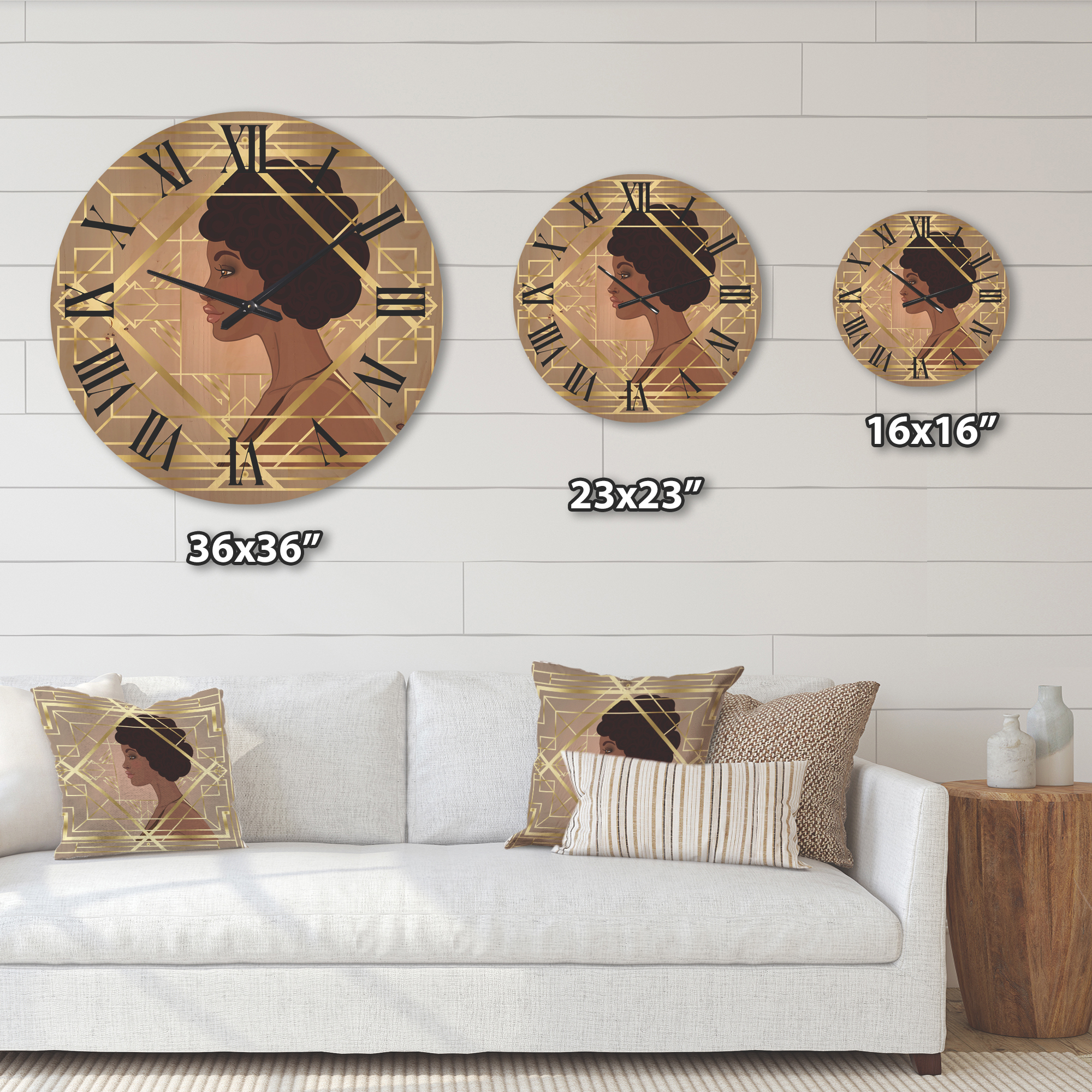 Designart 'Retro Girl In Golden Art Deco Geometrics II' Modern Wood Wall Clock