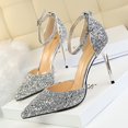 thumbnail image 3 of Zapatos de tacón alto sexys para mujer, de discoteca, con boca poco profunda, puntiagudos, de metal, de una sola línea, con lentejuelas, sandalias huecas, zapatos de tacón para mujer, 3 of 5