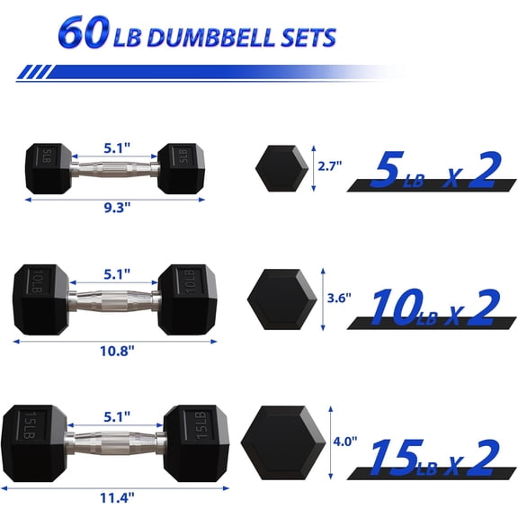 Rubber Encased Hex Dumbbell Set, 60lb Weight Training Equipment for Home Gym