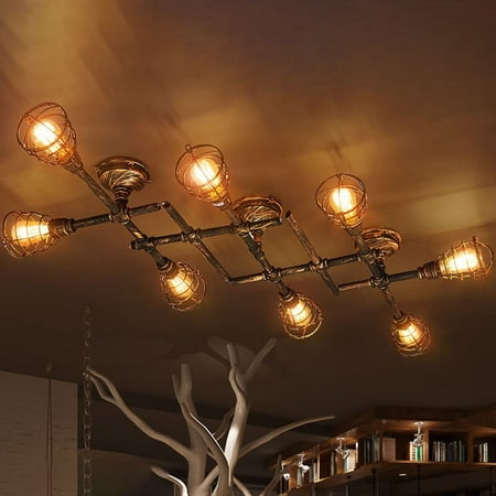

Litfad 8-Lights Industrial Cage Pipe Ceiling Light Iron Semi Flush Mounted Light with Cage Guard in Brass