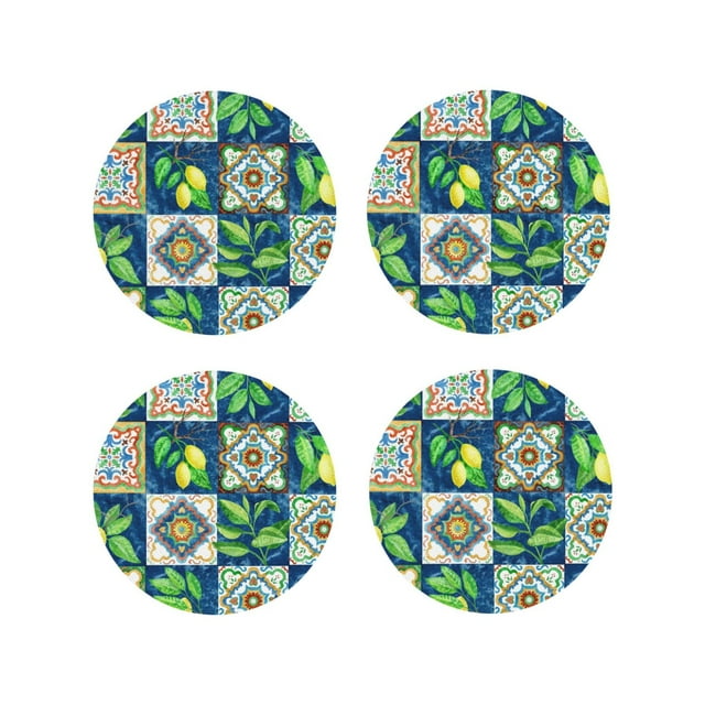 Vsdgher Lemon and Leaves Print Leather Coasters for Drinks, Durable Drink Coasters 4 Set for Tabletop Protection, Luxurious Home Décor and Housewarming Gift-Round Shape