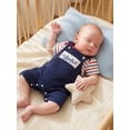 thumbnail image 4 of Loicainy Baby Toddler Boy Girl 4th of July Overalls Outfit 3 6 12 18 Months Patriotic Short Sleeve Striped Romper with Flag Embroidery Pants 2Pcs Clothes Set, 4 of 9