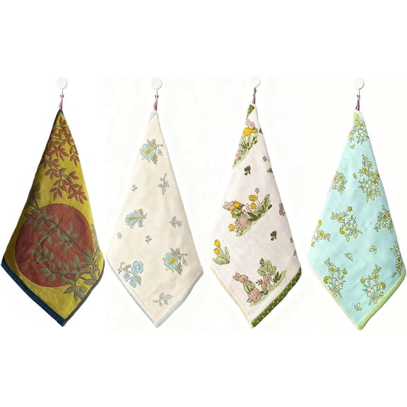 Face Towels Reusable Bathroom Hand Towels with Hanging Loops Thin washcloths Quick Dry Towels Set Soft washcloths for face Double-Faced Jacquard 4ply cotton gauze,4PC,13.4"x15.7"